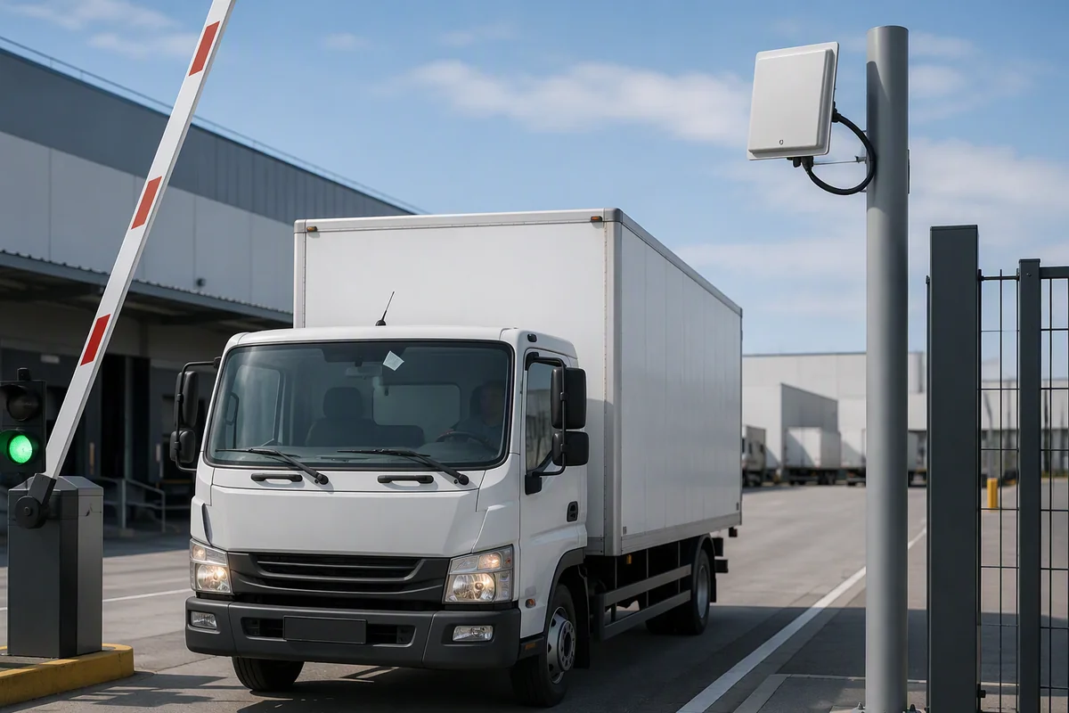 RLI-12dBi integrated RFID reader automatically identifying tagged vehicles, shipments or assets at a controlled checkpoint