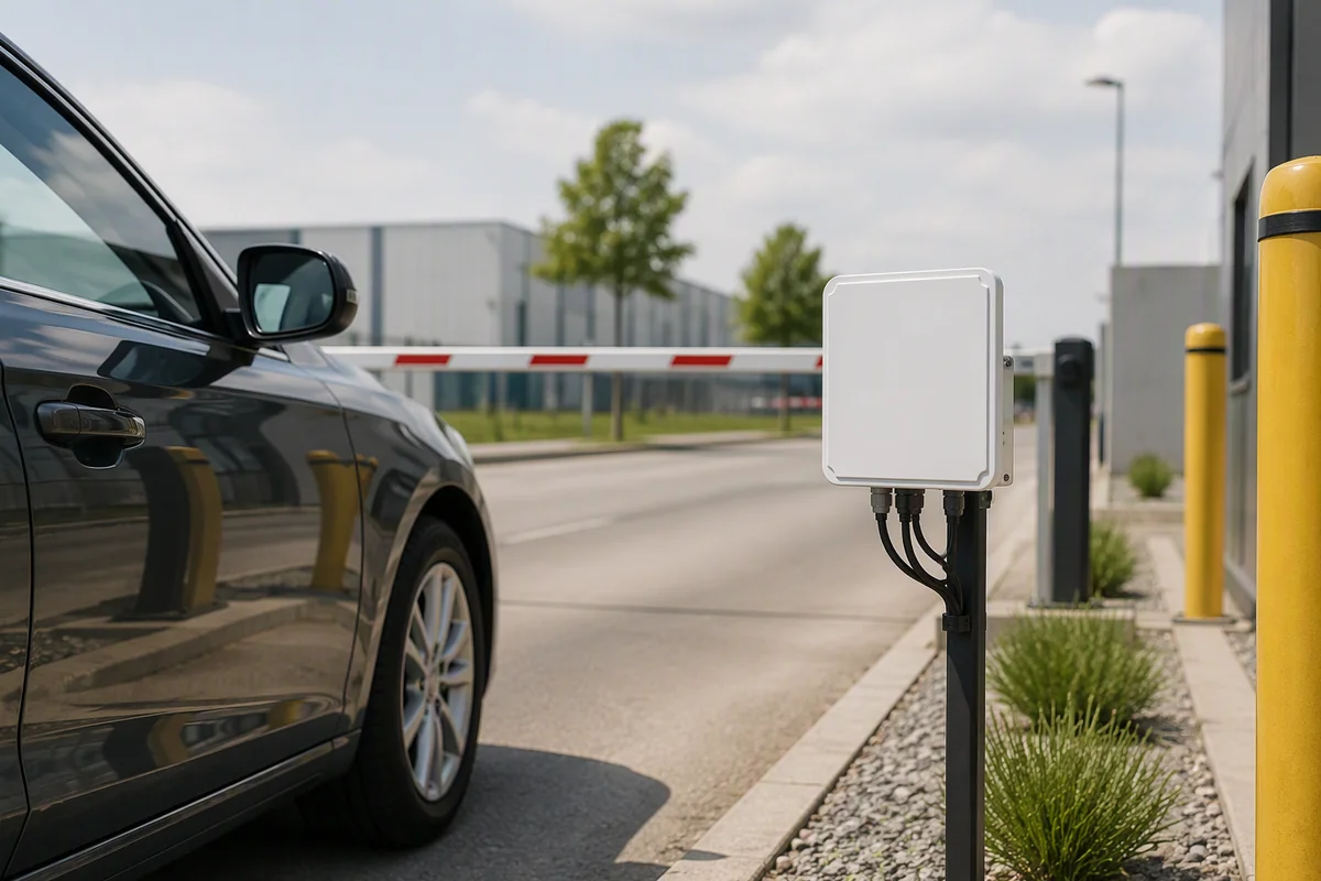 RLI-9dBi integrated RFID reader automatically identifying tagged vehicles, shipments or assets at a controlled checkpoint