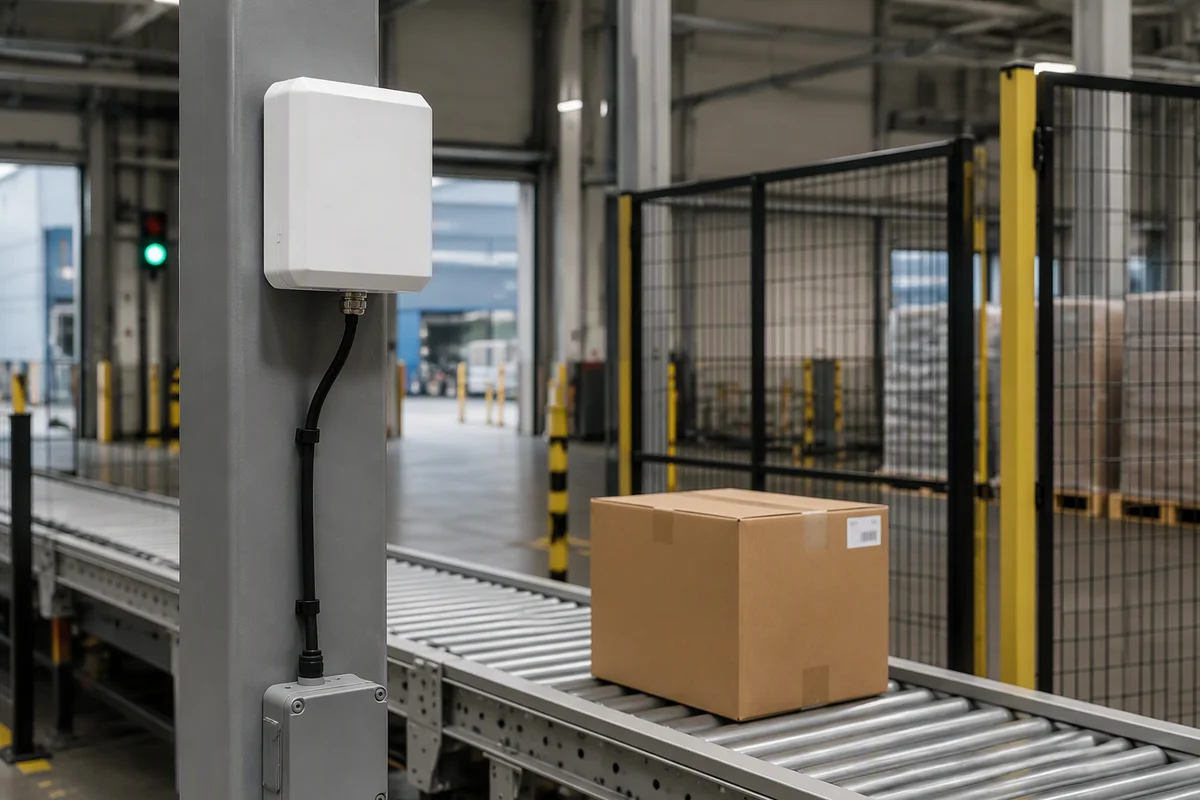 RLI-6dBi integrated RFID reader automatically identifying a tagged item at a fixed checkpoint