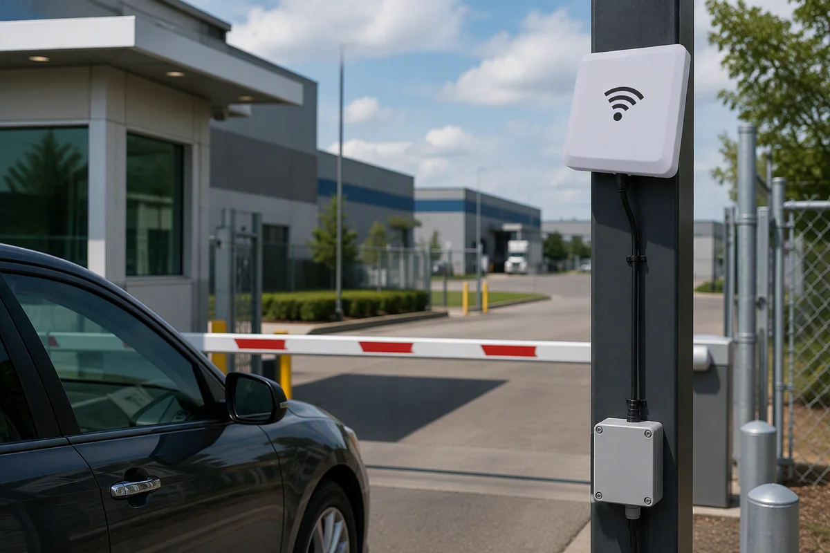RLI-8dBi integrated RFID reader automatically identifying a tagged vehicle, asset or shipment at a controlled checkpoint