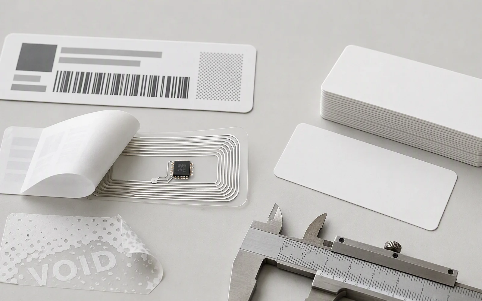 HF and NFC RFID label construction showing chip family, inlay position, label dimensions and printable surface