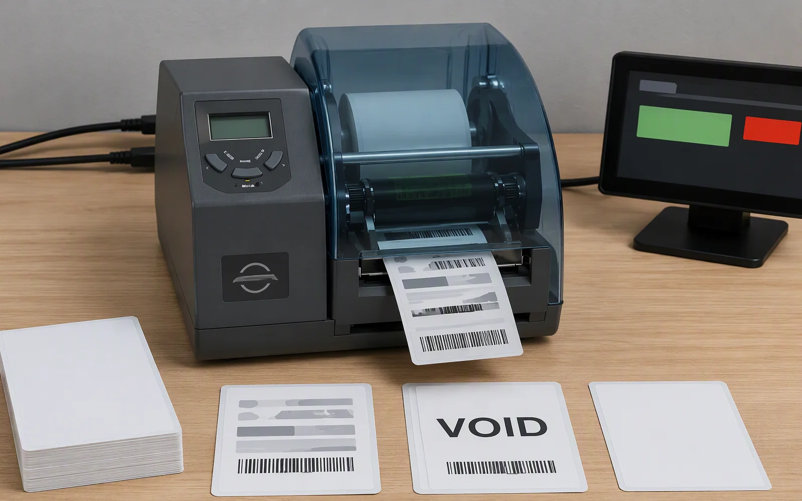 Workflow showing label data, visible printing, HF NFC encoding, result checking, VOID marking, automatic replacement printing and stop after three failures