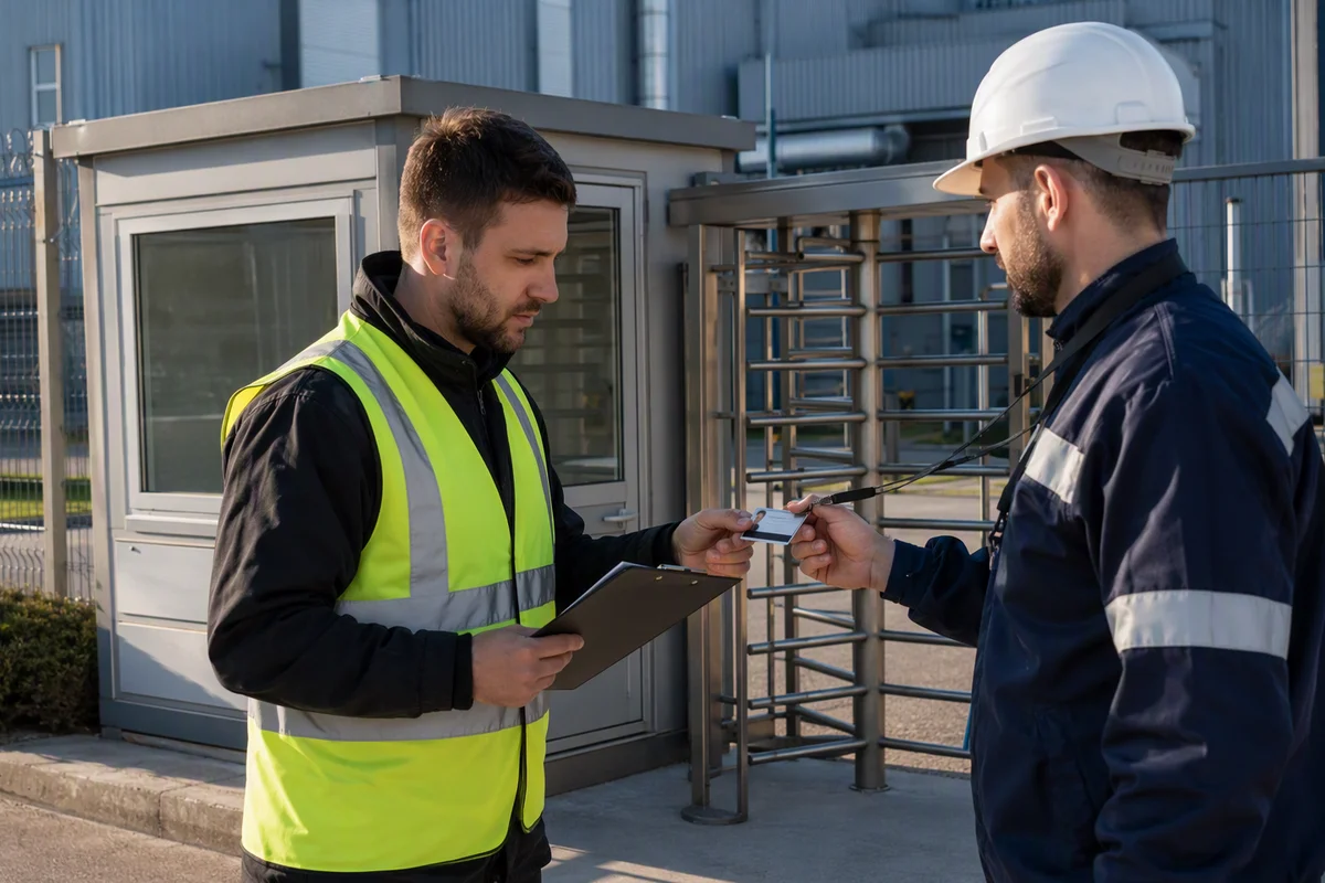 Operator manually scanning and confirming an item at a fixed production or logistics checkpoint