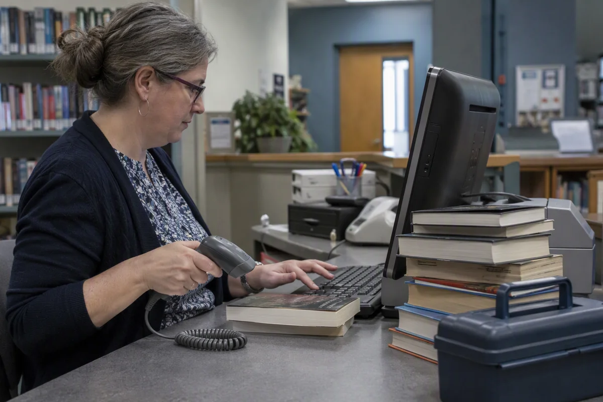 Operator registering books, tools or retail items one by one with repeated barcode scanning and manual data entry