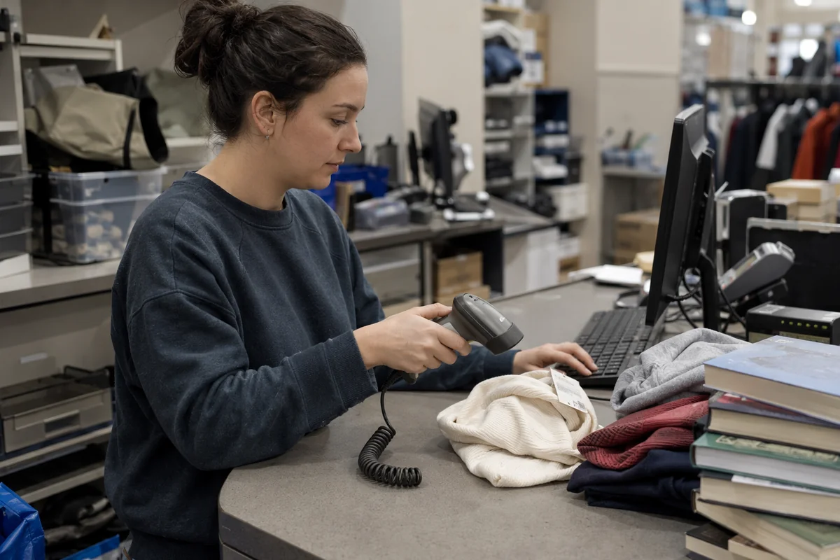 Operator scanning retail products, books or tools one at a time and entering item data manually