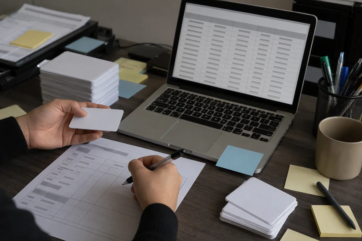 Operator manually copying tag identifiers between an RFID encoder, spreadsheet and product record