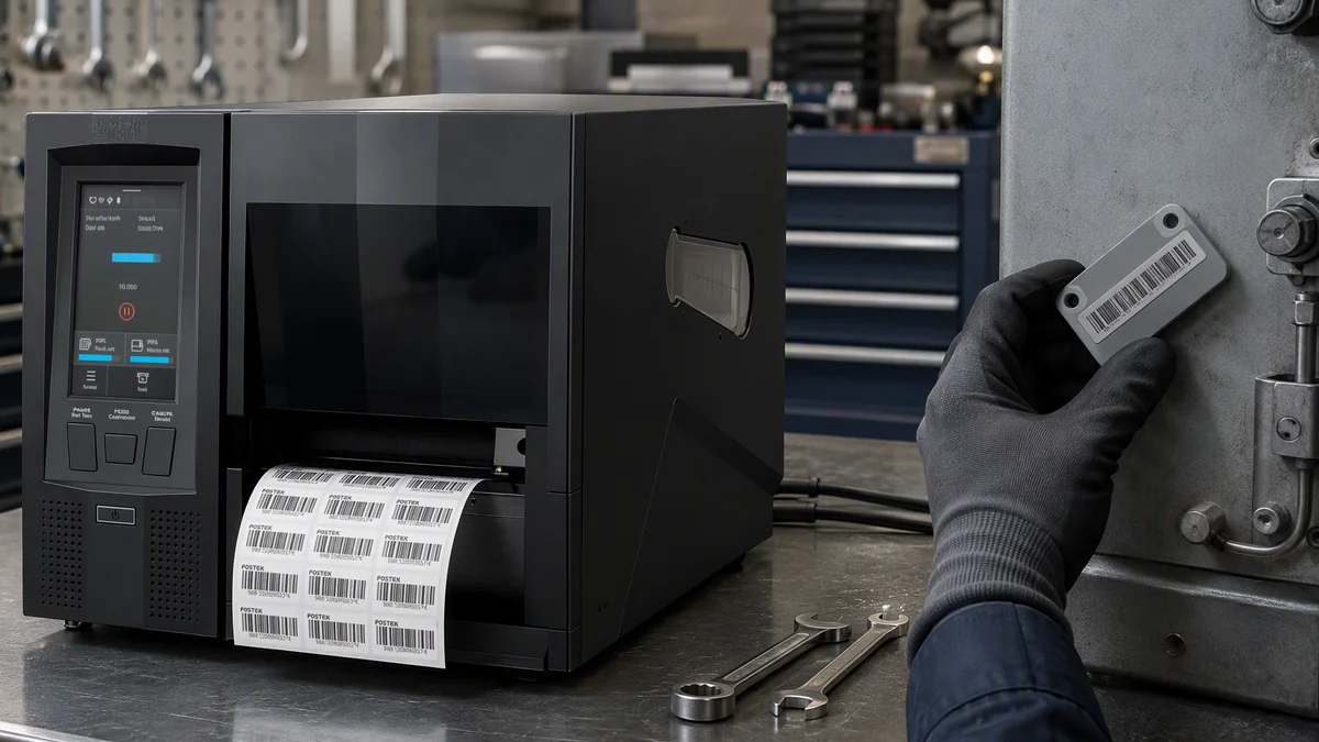 RLPB-Z printer producing manufacturing labels and thick on-metal RFID asset tags