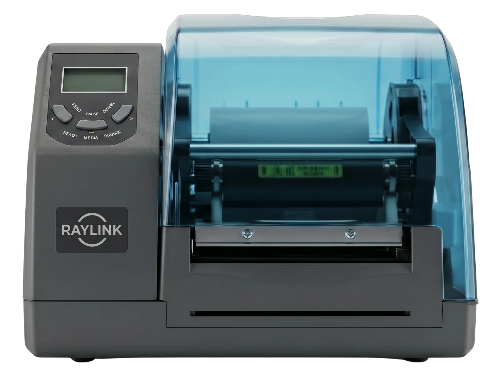 Front view of the L3000i HF NFC RFID label printer showing LCD controls, transparent media cover and label output