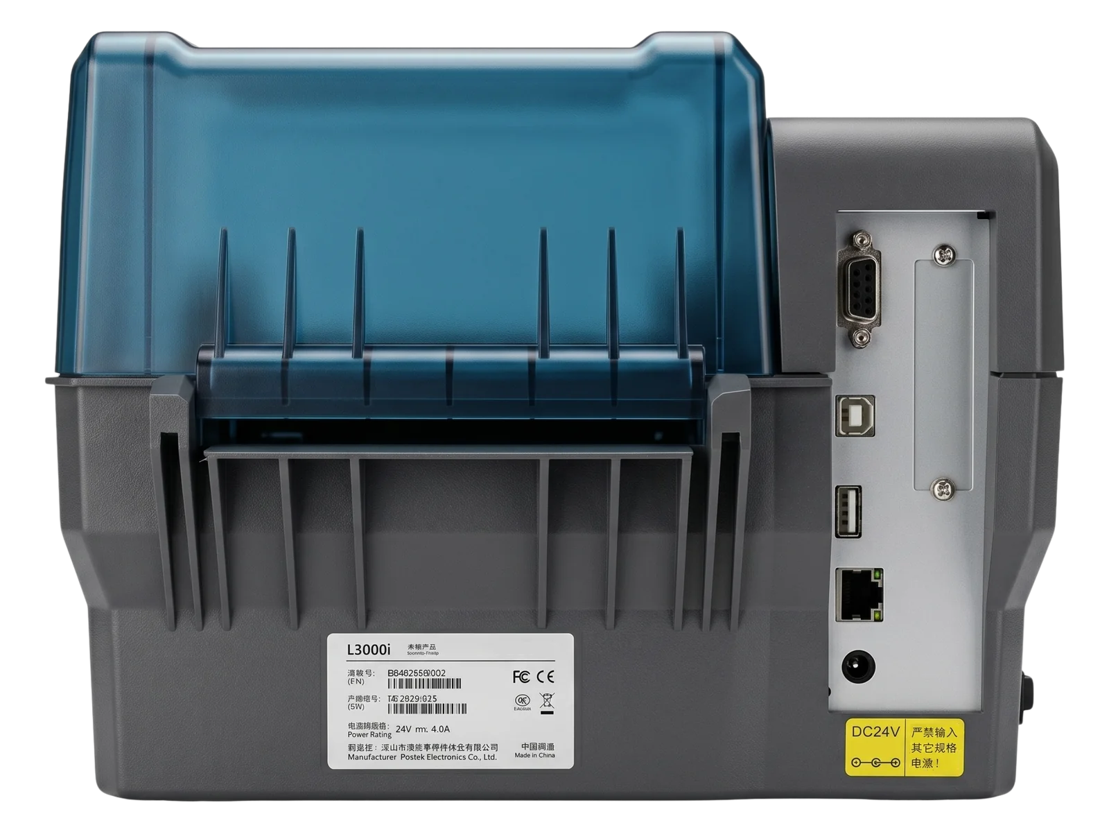Rear view of the L3000i HF NFC RFID label printer showing RS-232, USB, Ethernet and 24 volt power connections