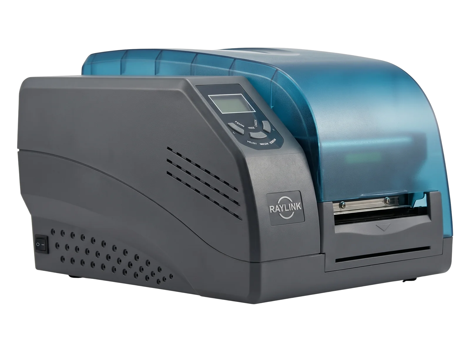 Side perspective view of the L3000i HF NFC RFID label printer with transparent media enclosure