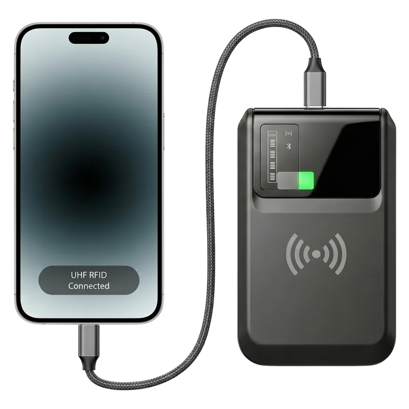 RLPR-100 portable UHF RFID reader connected to a smartphone through USB Type-C, with the host screen showing UHF RFID connected