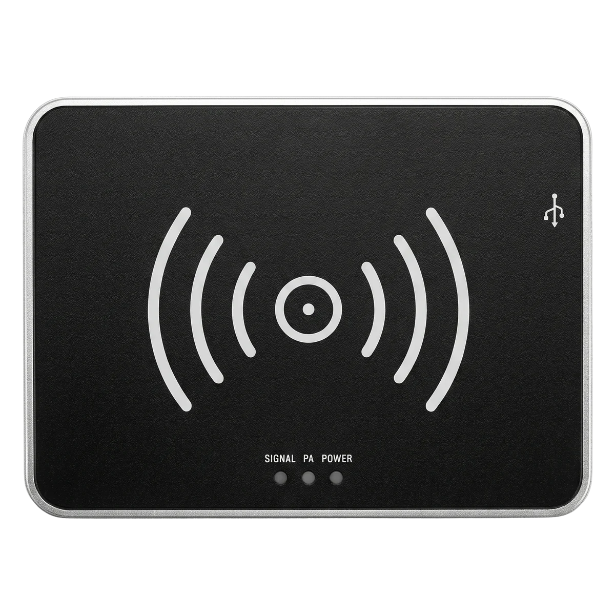 Raylink RLD-01 UHF RFID desktop reader and tag encoder, front view with RFID work area and signal indicators