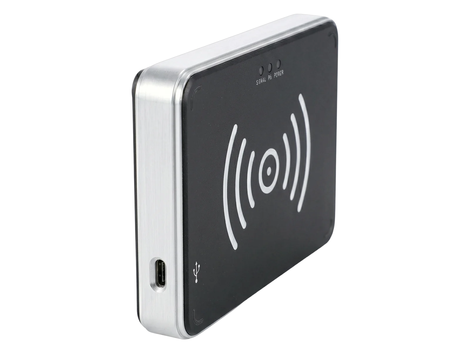 Raylink RLD-01 UHF RFID desktop reader and tag encoder, angled view showing the USB Type-C port on the silver alloy frame
