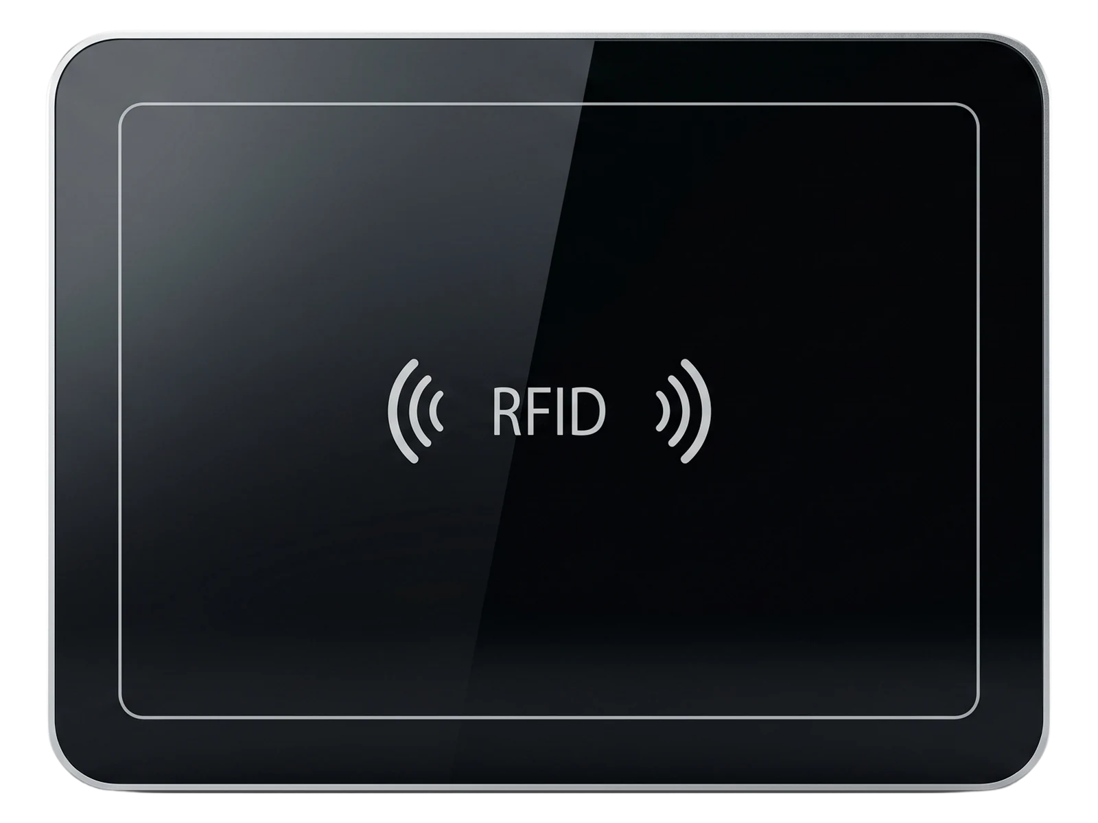 Raylink RLD-02 large-area UHF RFID desktop reader writer with black glass work surface and USB Type-C connection