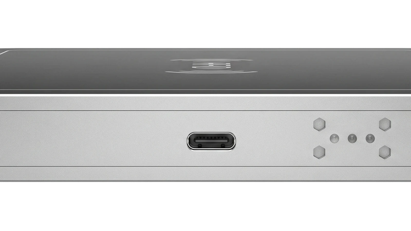 Side view of the RLD-02 RFID desktop reader showing the USB Type-C connector and status indicators