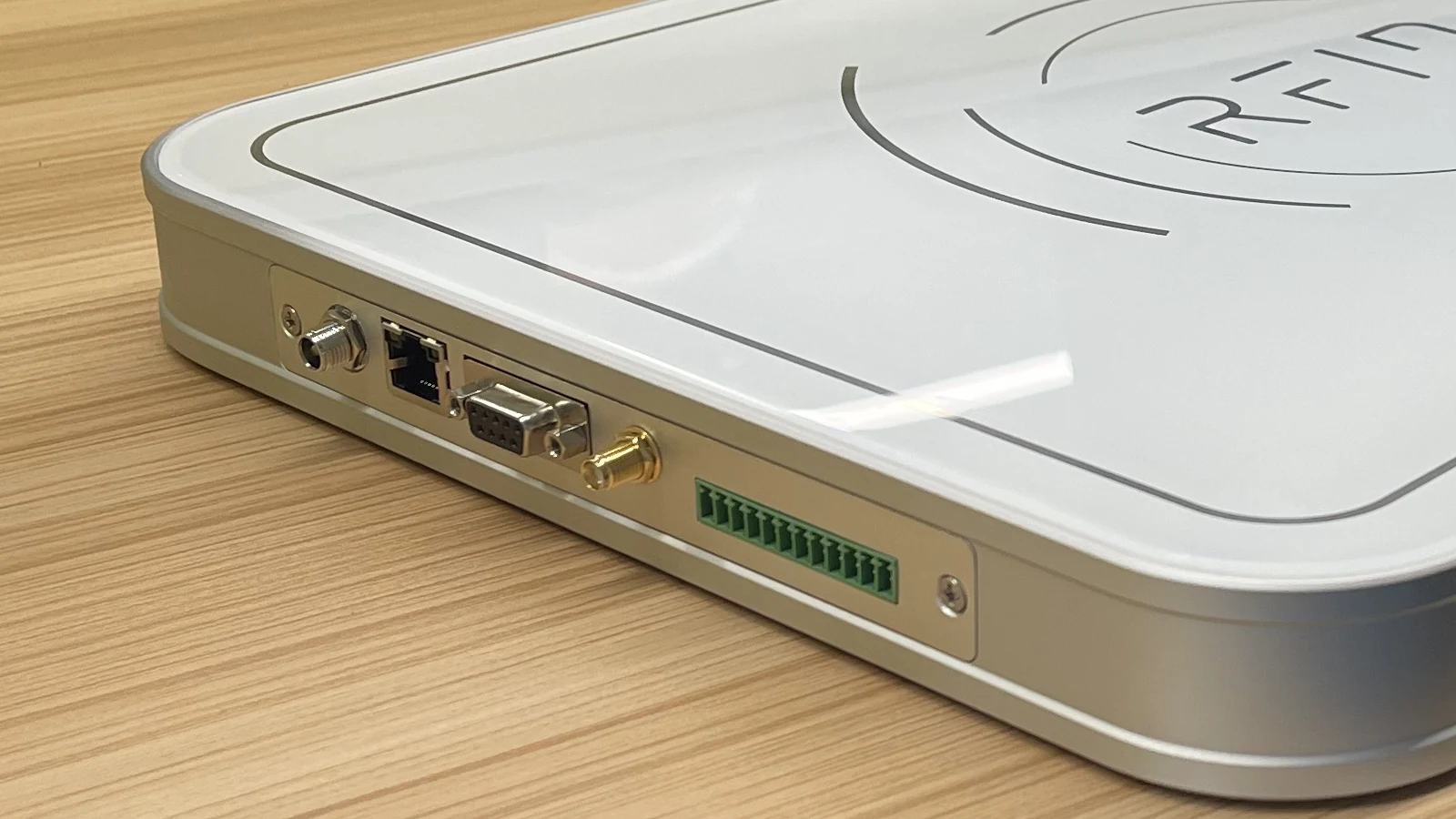 Connection panel of the RLD-03 RFID desktop reader showing RS232, RJ45 and additional project-specific connectors