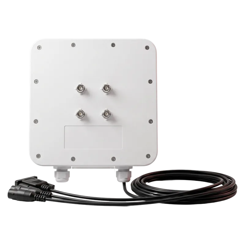 RLI-7dBi integrated UHF RFID reader rear panel with industrial connectors for serial communication, optional Ethernet, optocoupler inputs, relay outputs, Wiegand and power