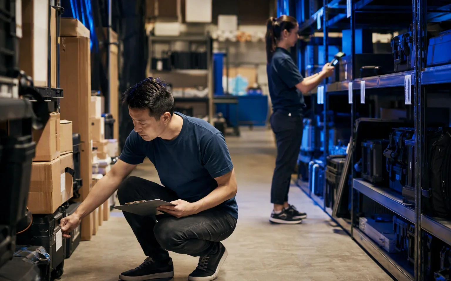 Operator manually checking tagged assets item by item at a storage zone