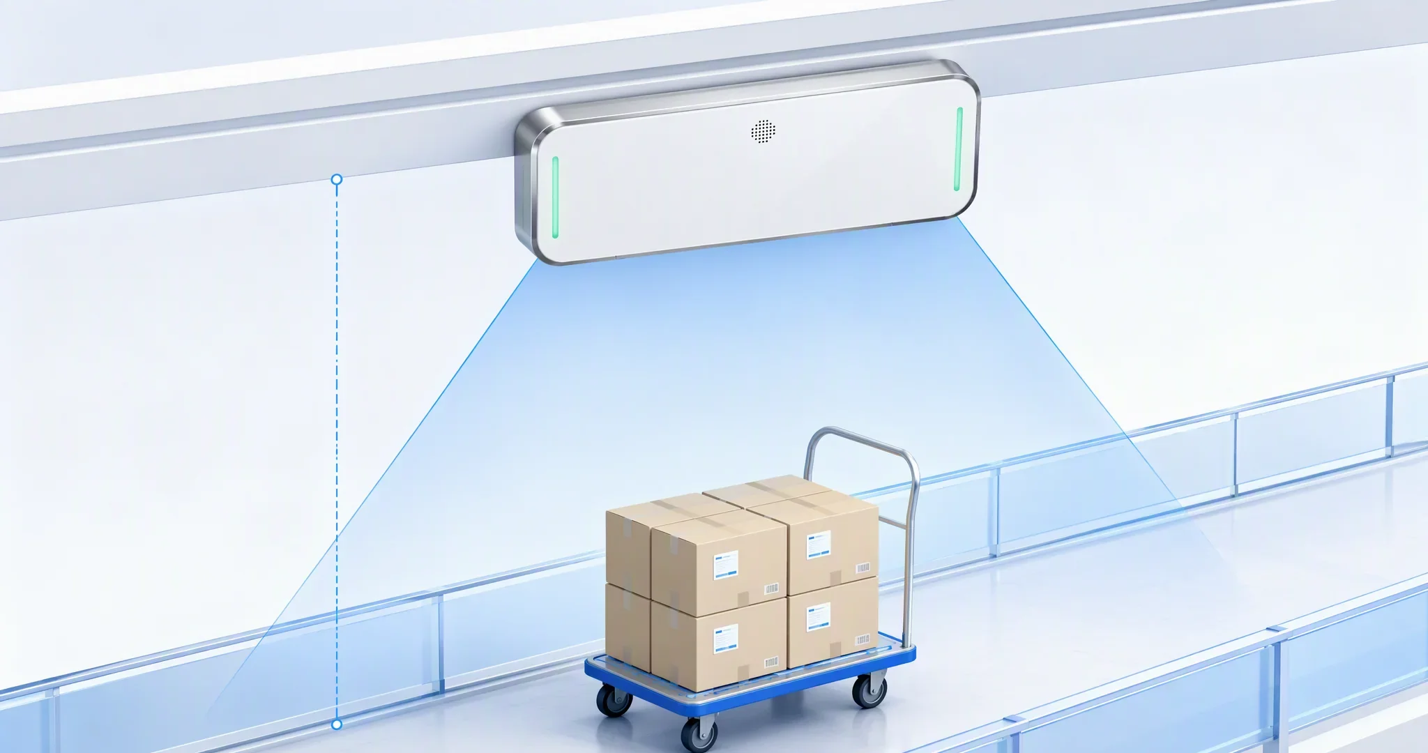 Ceiling read-zone installation guidance showing mounting height and overhead RFID coverage geometry