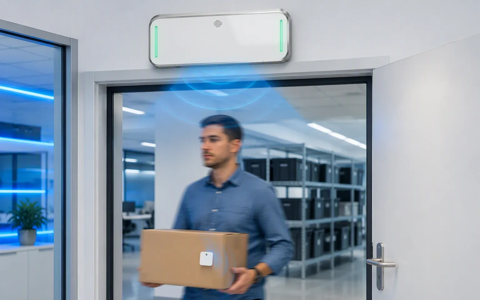 Infrared or radar movement sensor triggering RFID reading at a monitored entrance
