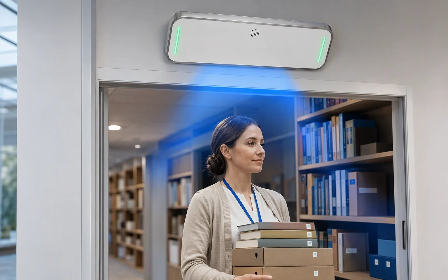 Library and secure asset room with overhead RFID monitoring at the entrance