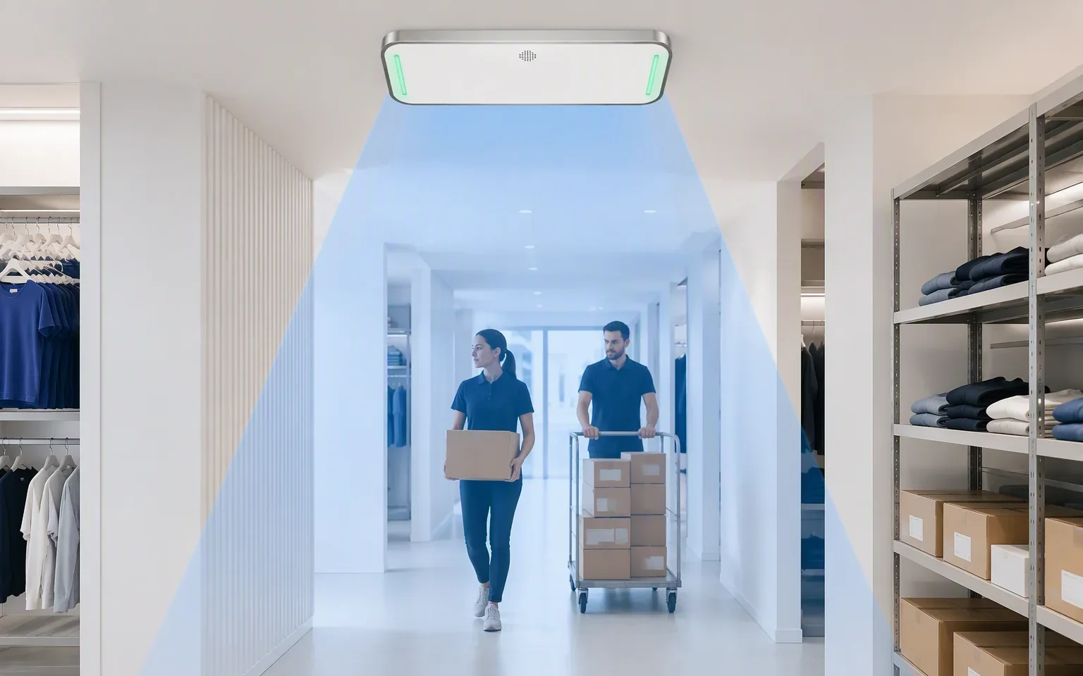 RLC-100 ceiling reader monitoring a tagged asset zone from above the traffic route