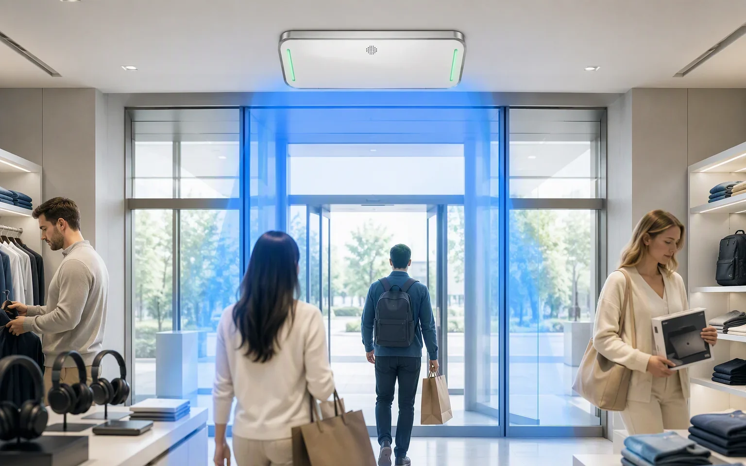 Retail loss-prevention RFID zone above a store exit monitored by an RLC-100 ceiling reader