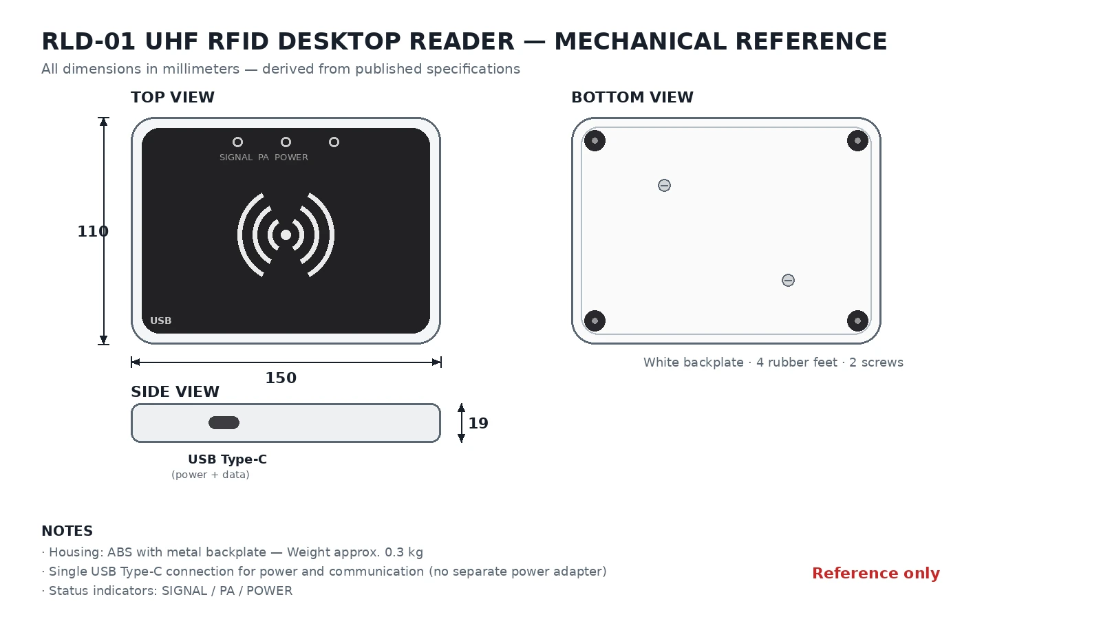 RLD-01 UHF RFID desktop reader mechanical drawing with dimensions