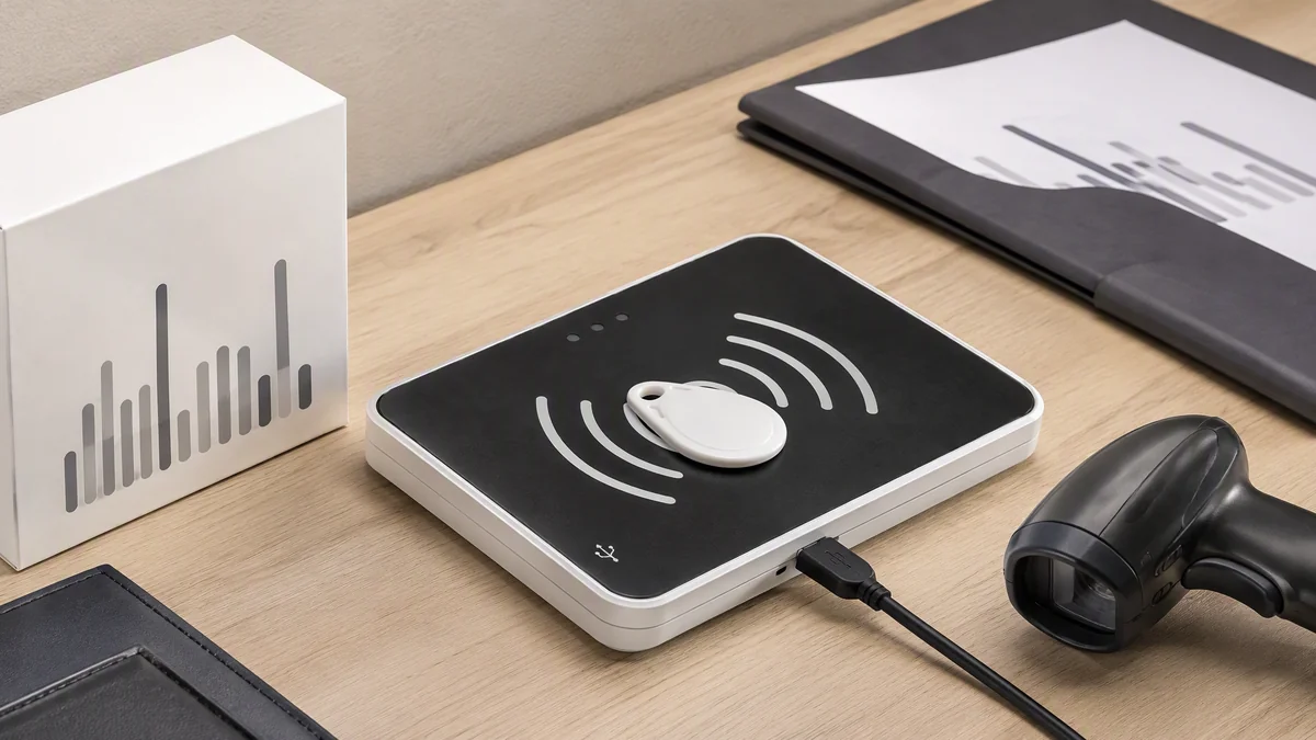 RLD-01 RFID desktop reader binding a tag to a product barcode, document record or small asset identifier