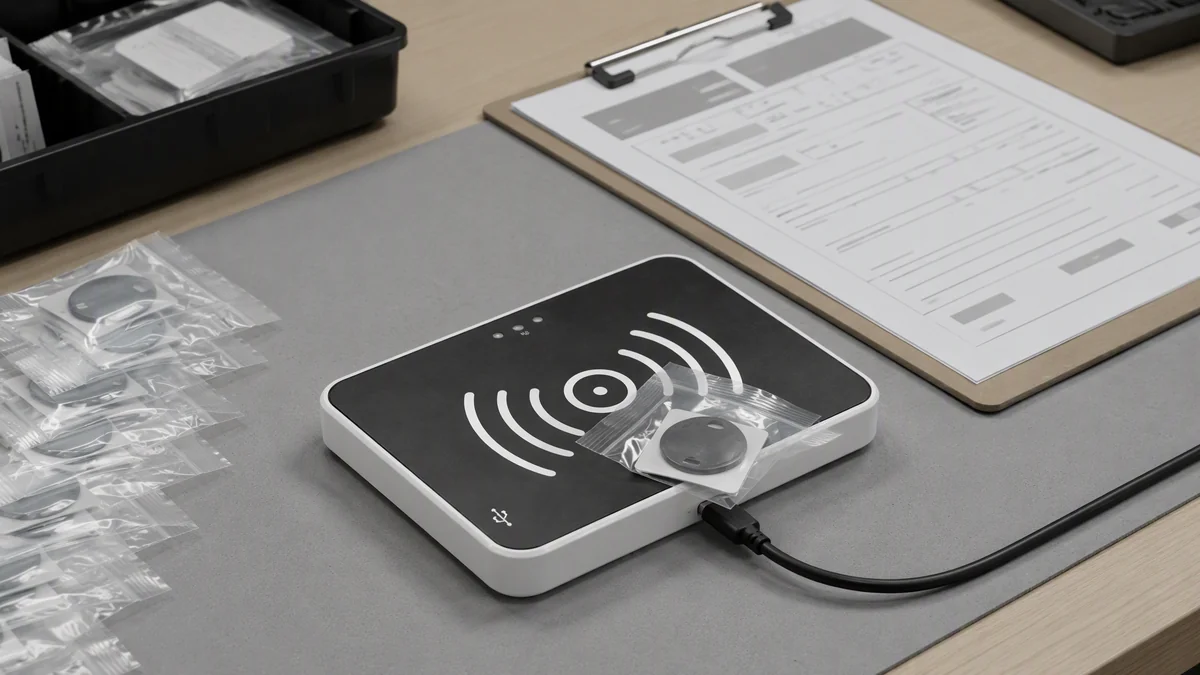 RLD-01 desktop RFID reader verifying a product tag against a barcode and work-order record at a production workstation