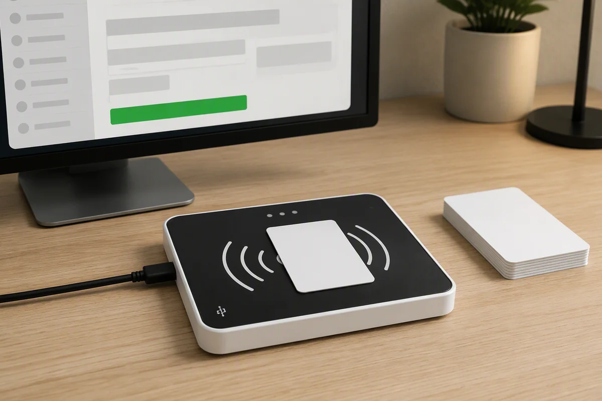RLD-01 desktop RFID reader encoding and verifying a tag beside a connected computer workstation
