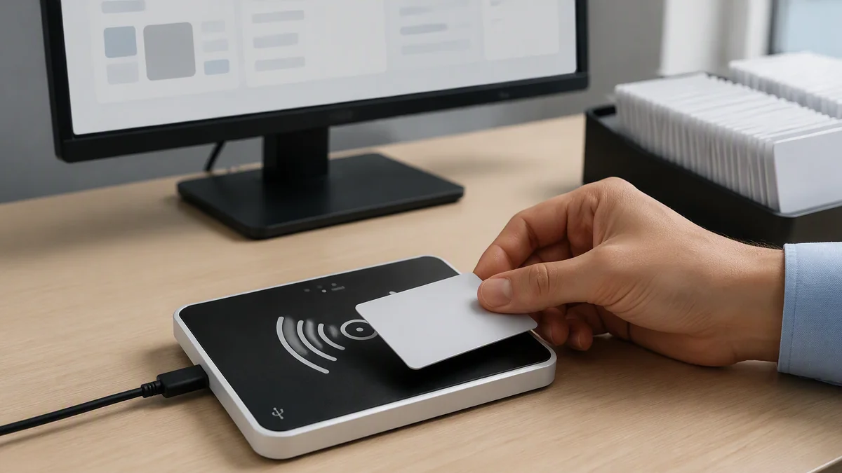Operator using the RLD-01 desktop RFID reader to program and verify individual UHF RFID tags