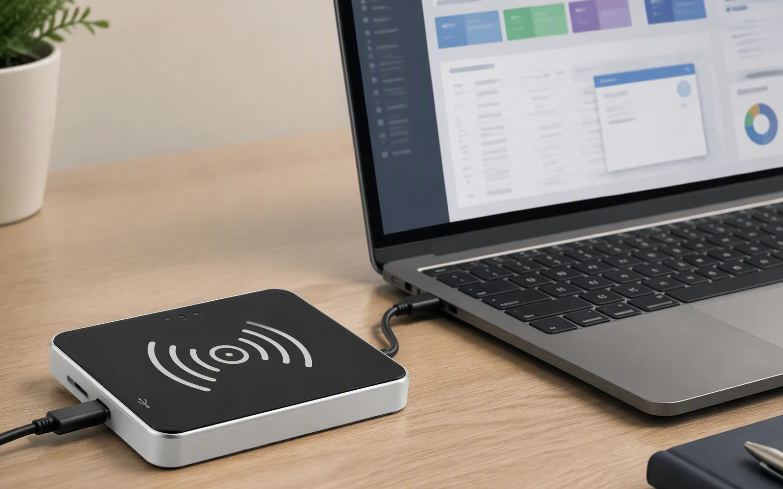 RLD-01 desktop RFID reader connected by USB Type-C to spreadsheet, business software and SDK-based applications