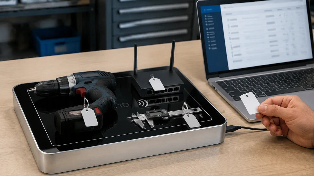 RLD-02 desktop RFID reader registering several tagged tools and compact assets against an asset-management record