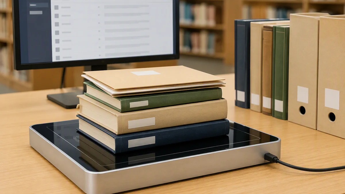 RLD-02 RFID desktop reader processing tagged books, document folders and archive files on a registration desk