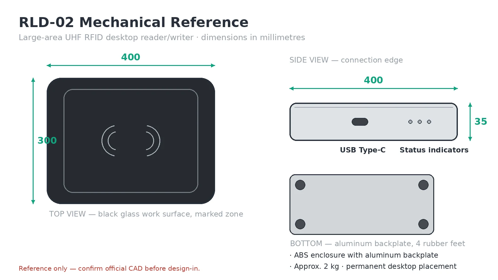 RLD-02 UHF RFID desktop reader mechanical drawing with 400 by 300 millimeter footprint