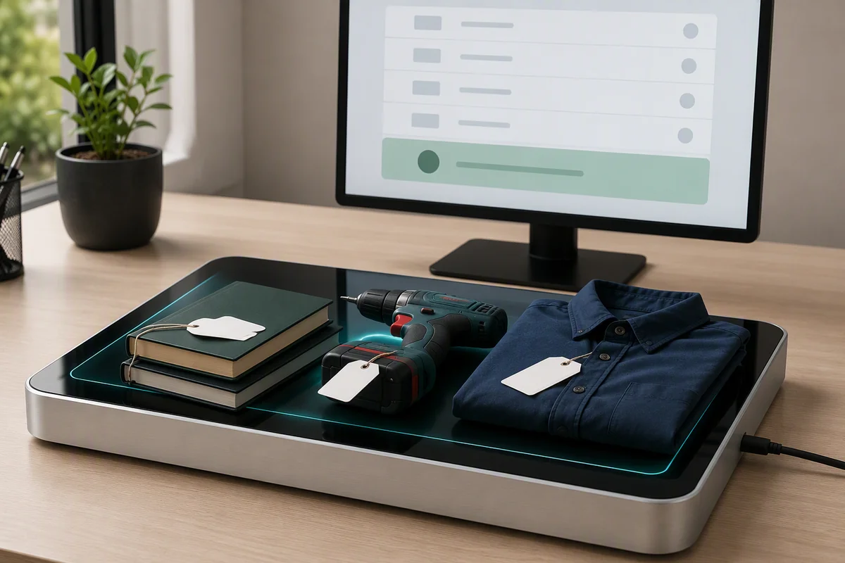 RLD-02 large desktop RFID reader capturing and verifying several tagged books, tools or retail products