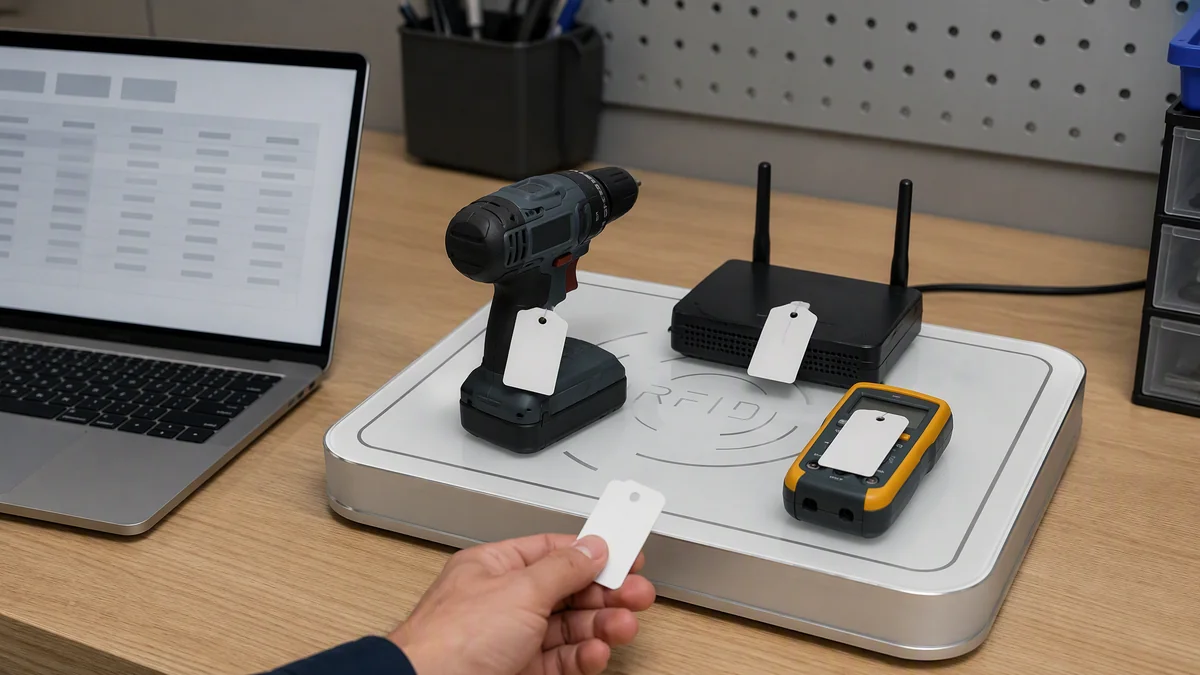 RLD-03 RFID desktop workstation registering tagged tools, IT equipment and compact assets against an asset-management record