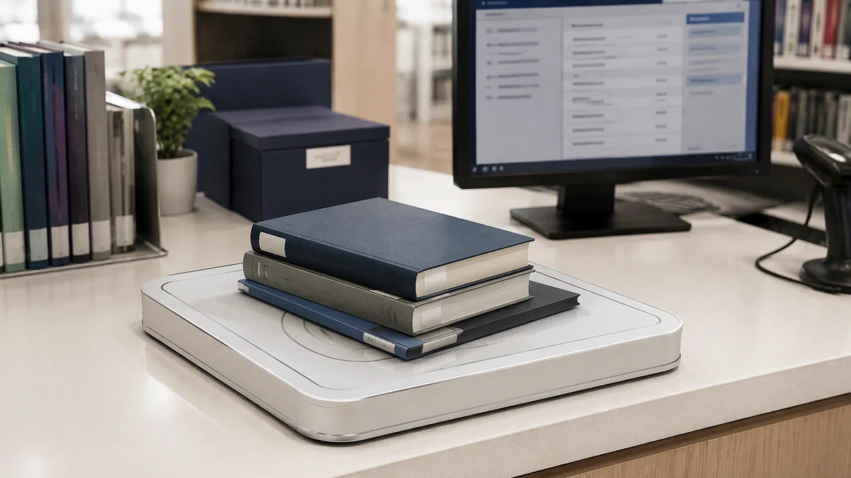 RLD-03 UHF RFID desktop reader processing tagged books, archive boxes and document folders on a service counter
