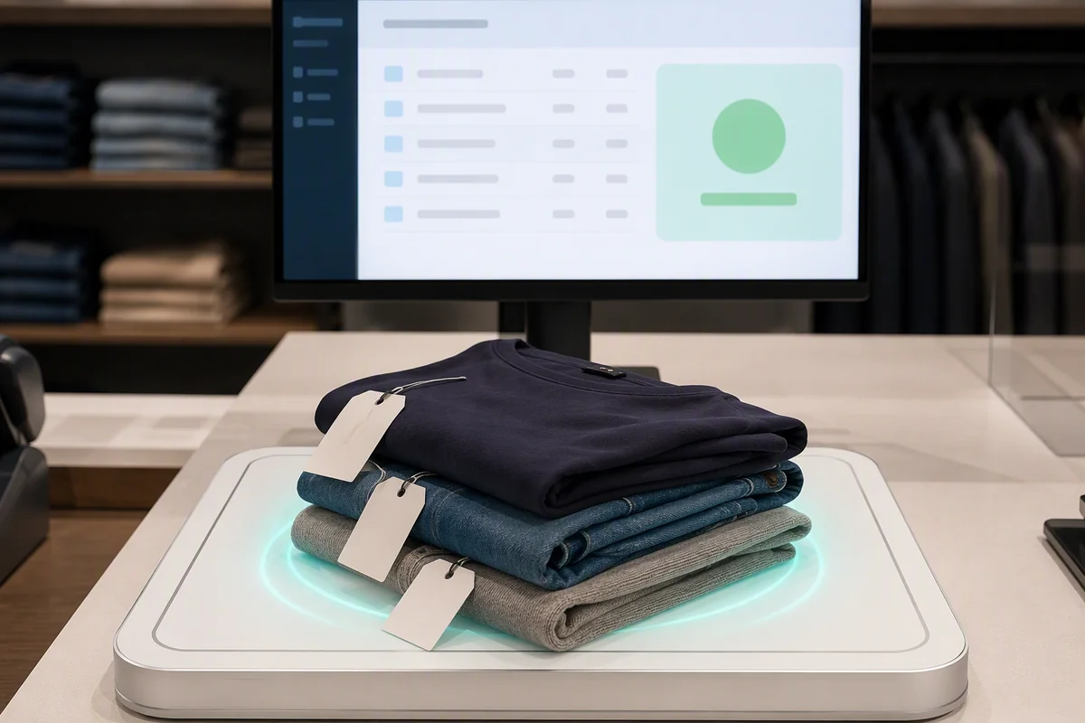 RLD-03 industrial RFID desktop workstation capturing several tagged products and returning the verified list to business software