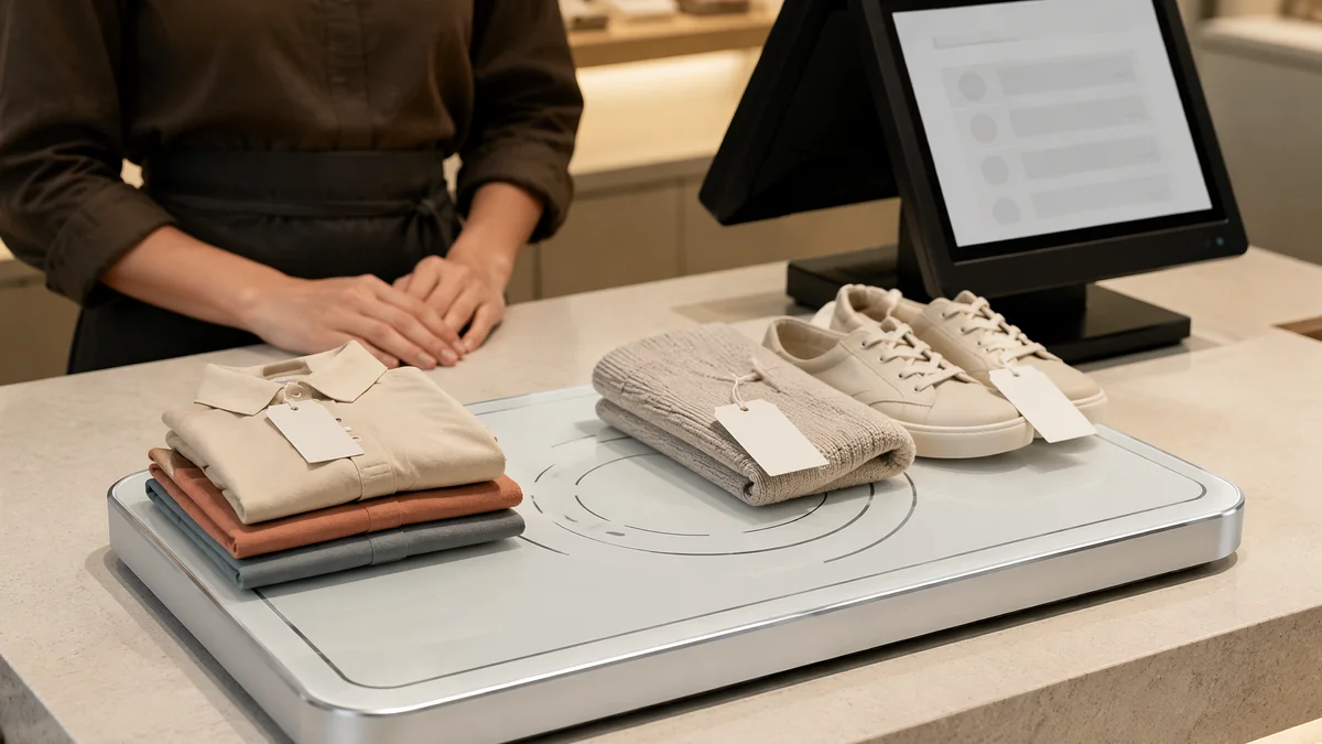 RLD-03 industrial UHF RFID desktop reader capturing several tagged garments and retail items for checkout-list verification