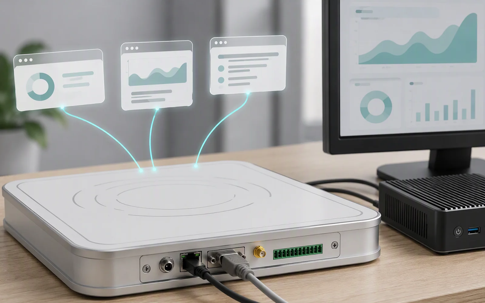 RLD-03 connected through RS232 or RJ45 to POS, ERP, WMS, asset-management and production applications