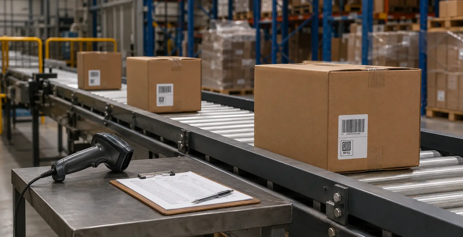 Operator manually scanning items at a conveyor checkpoint before fixed RFID automation