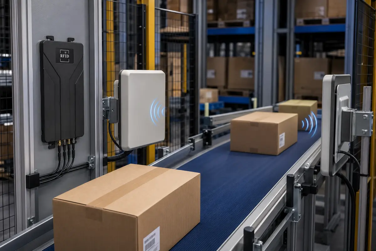 RLF-4P automatic RFID checkpoint on an industrial conveyor
