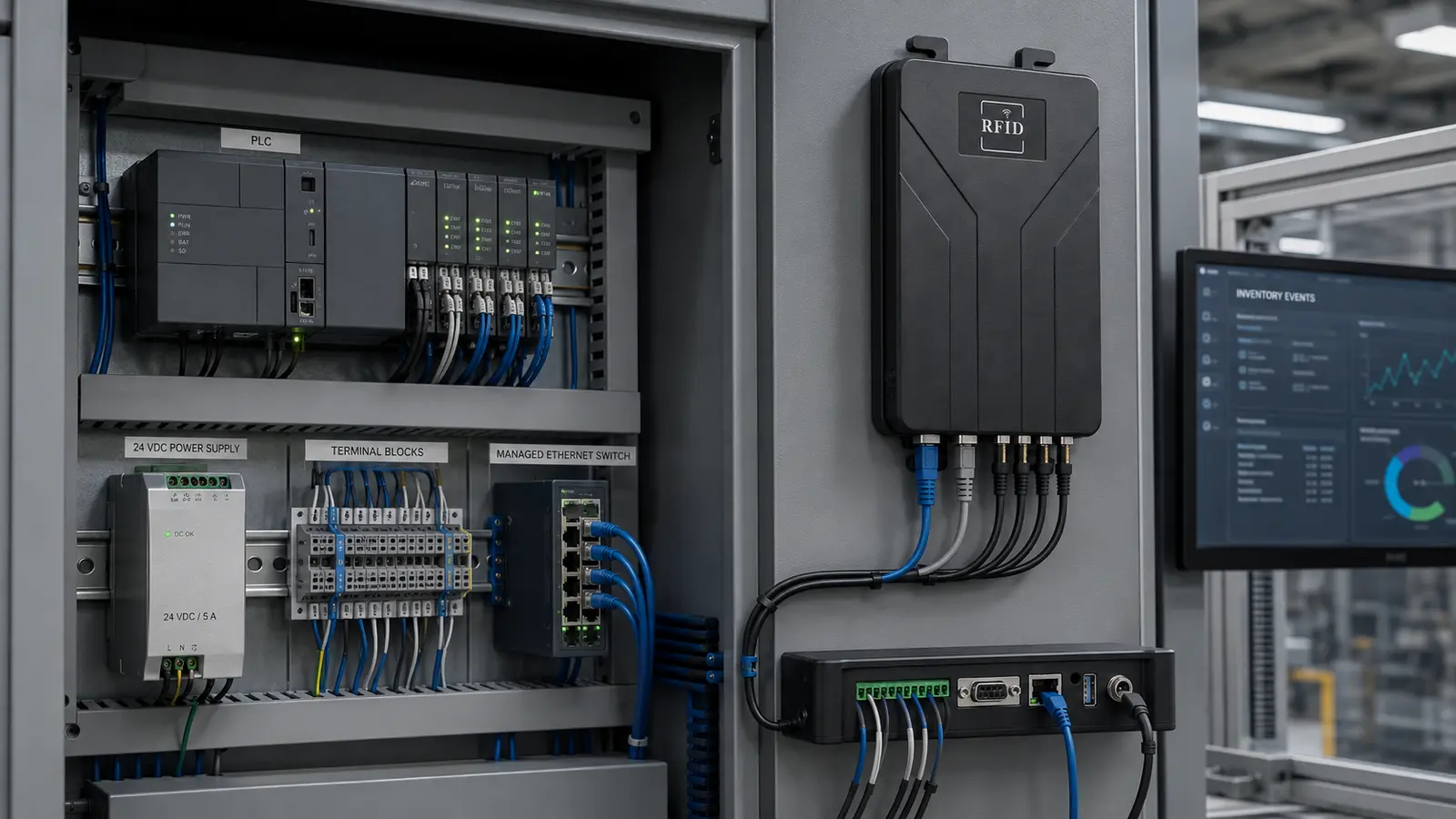 RLF-4P fixed reader connected to PLC and host-control systems