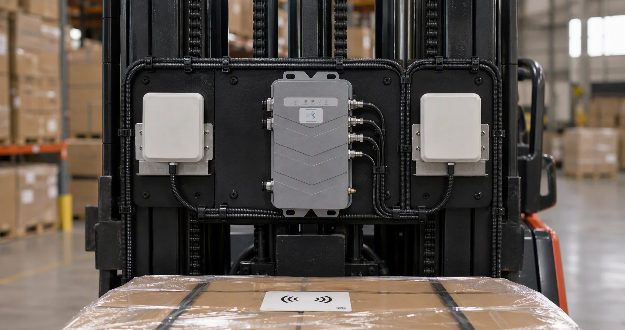 RLFL-4P antenna positions on the forklift carriage with protected conduit cable routing