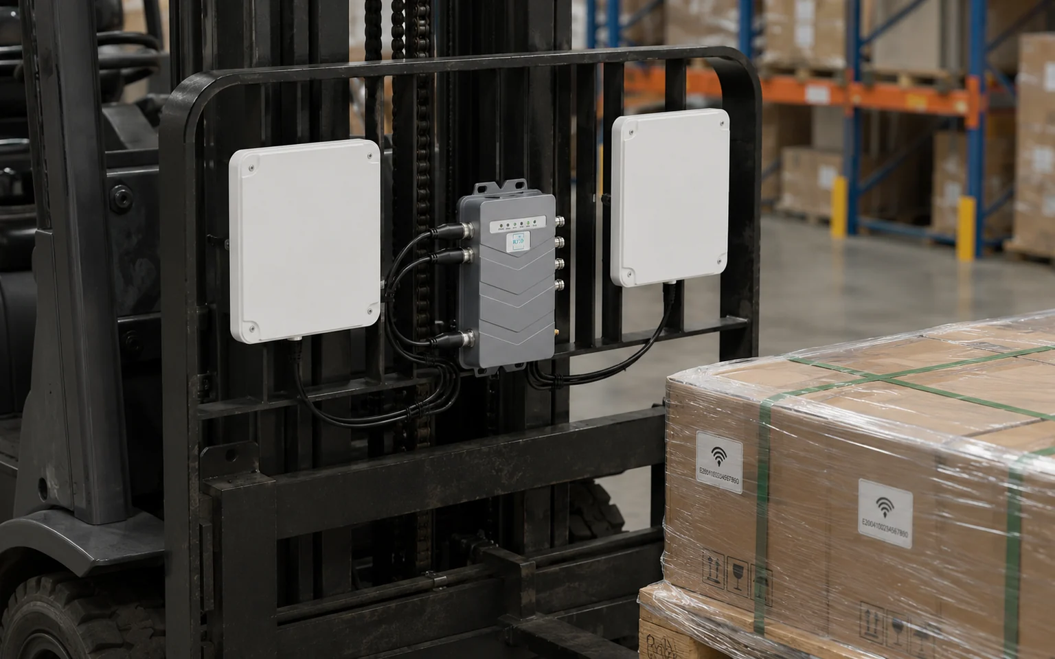 RLFL-4P reader and panel antennas on the forklift carriage capturing a tagged pallet