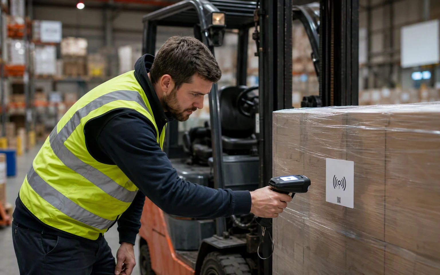 Warehouse operator stopping to scan a pallet label with a handheld scanner