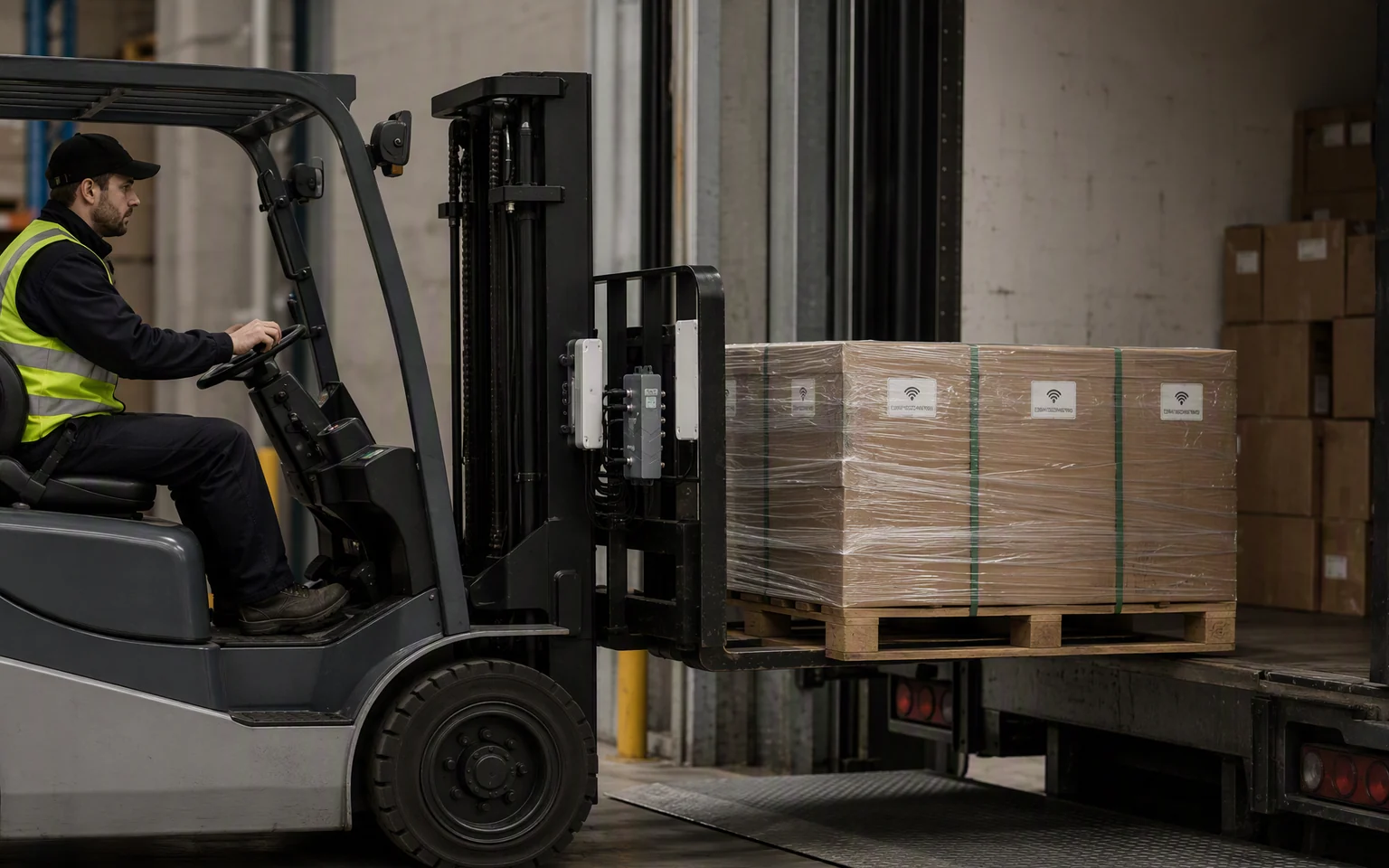 RLFL-4P forklift loading a tagged pallet into a box trailer at a loading dock