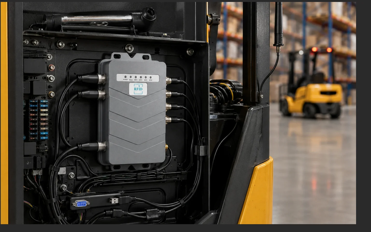 RLFL-4P mounted inside a forklift body panel with sealed and protected cable routing